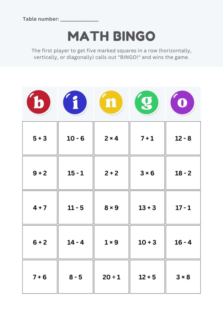 math bingo card