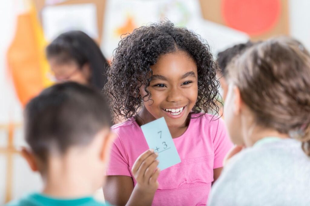 students playing math flashcard challenge