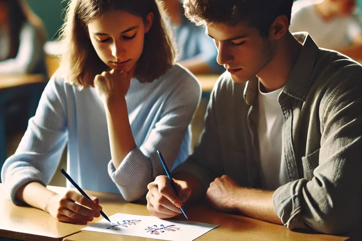 two students are bored in the classroom and are playing a game