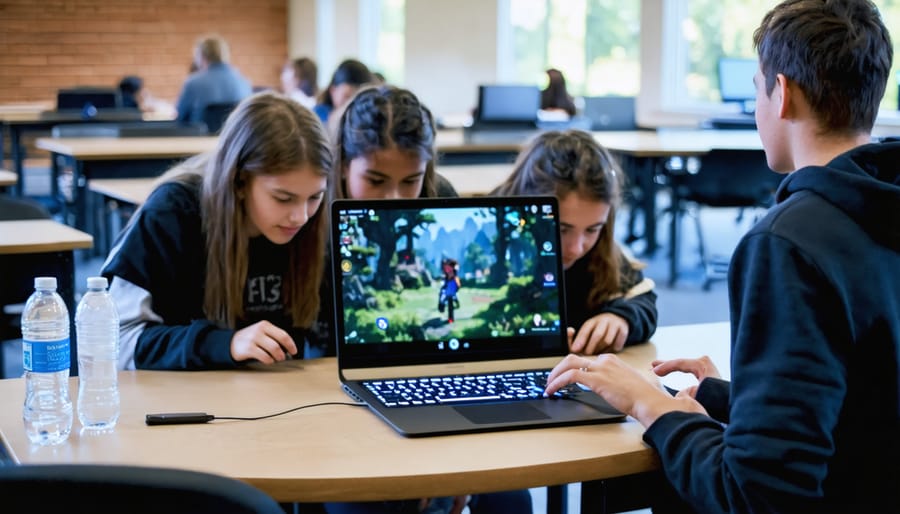Students actively moving around classroom during educational game activity