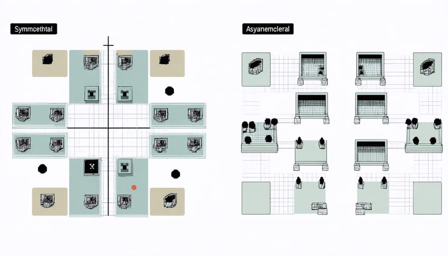 Side-by-side comparison of symmetrical and asymmetrical educational game layouts