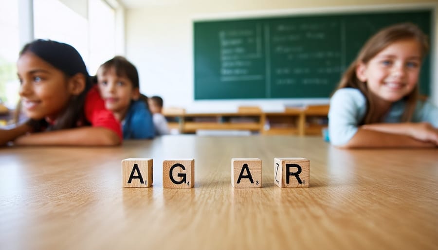 "Students participating in anagram word games using wooden letter tiles in a sunlit classroom."