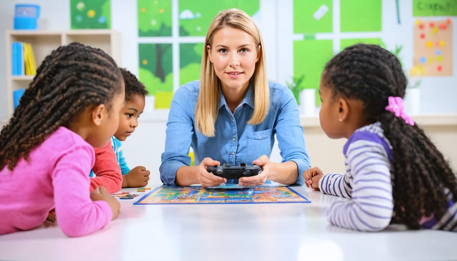 Elementary school teacher guiding students through an educational board game