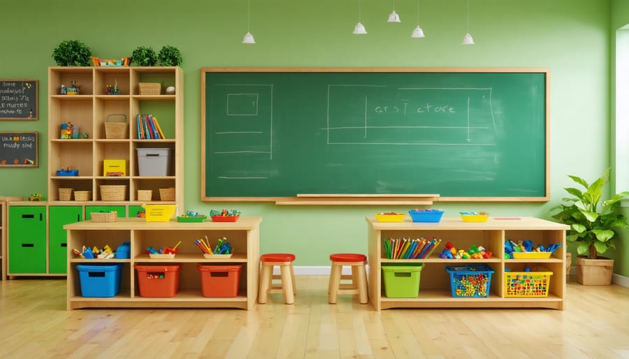 Organized educational game station in classroom setting with various learning materials