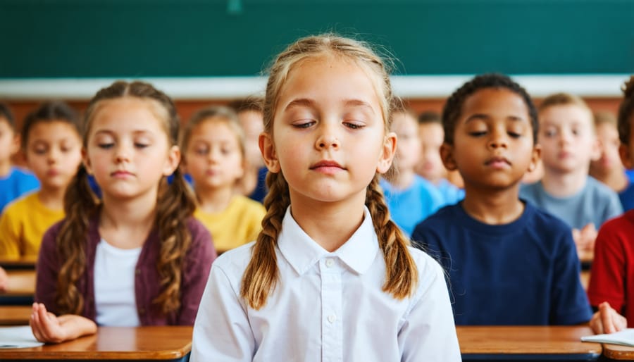 Elementary school children sitting cross-legged on yoga mats practicing mindfulness exercises