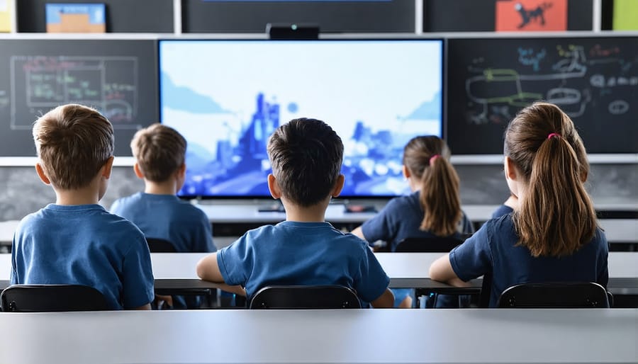 Students using PS4 controllers while sitting on bean bags in a bright modern classroom