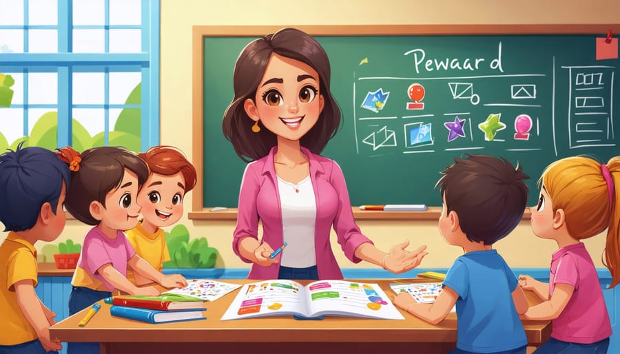 A lively classroom scene illustrating a teacher using praise and rewards to motivate students, featuring a classroom reward chart and students excitedly engaging in activities.
