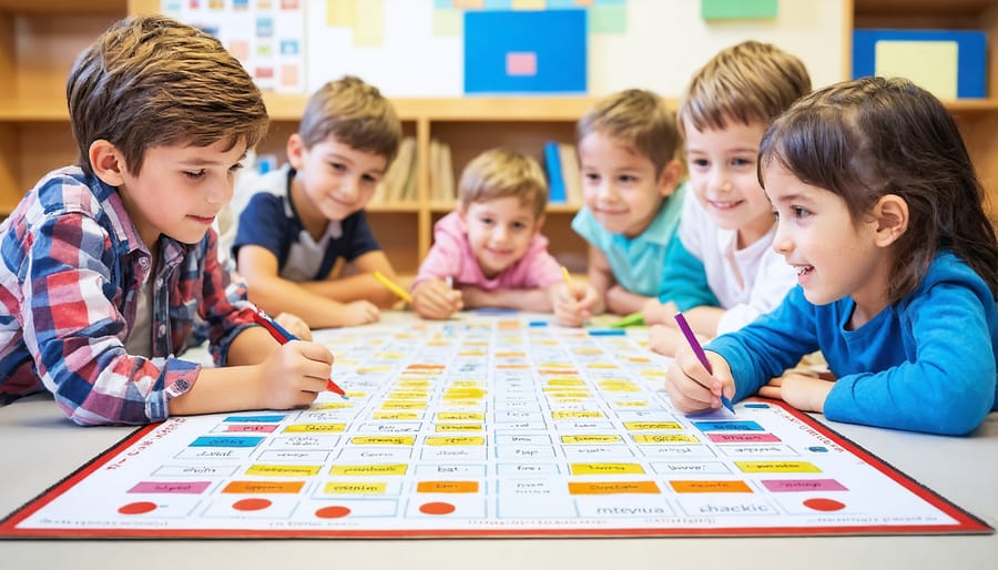 Students sitting in circle on classroom rug with raised hands during vocabulary game