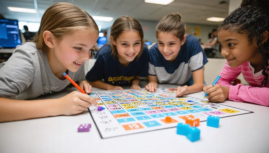 Sixth grade students playing educational word games in small groups
