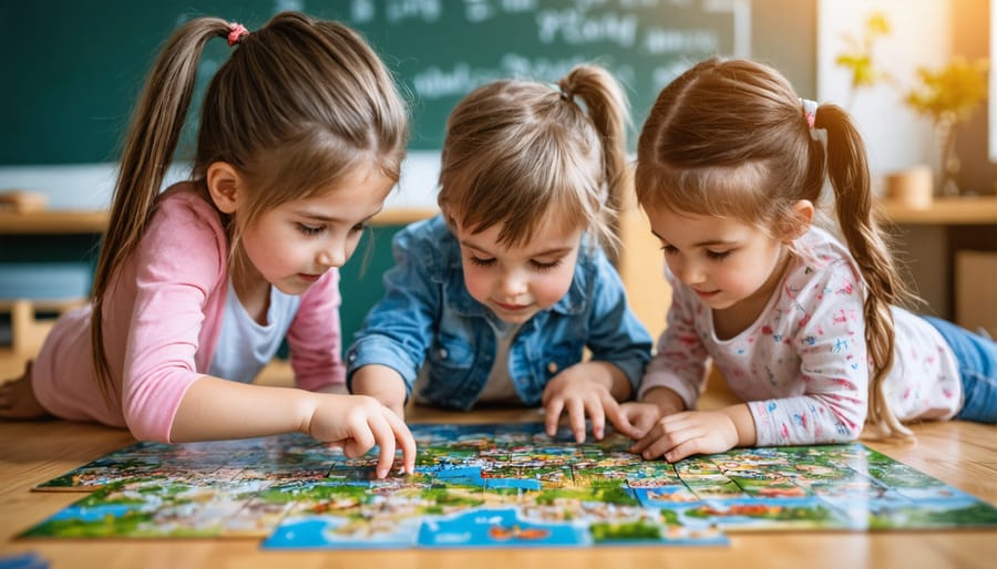 Two preschoolers working together on shared interactive learning game
