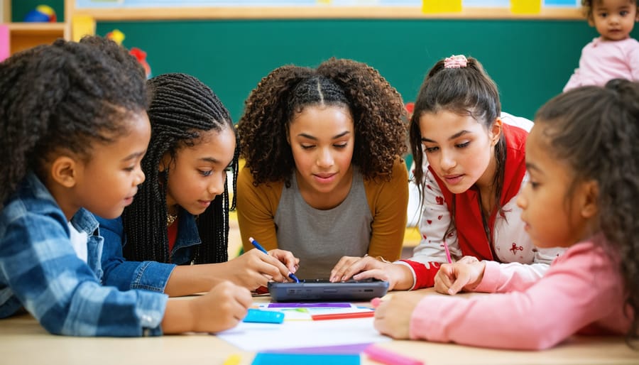 Students working together in small groups with educational tablets