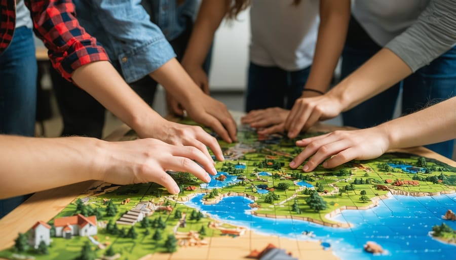 Close-up of hands solving a collaborative puzzle game
