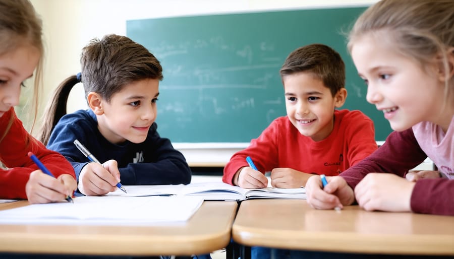 Diverse elementary students working together in small group on classroom floor