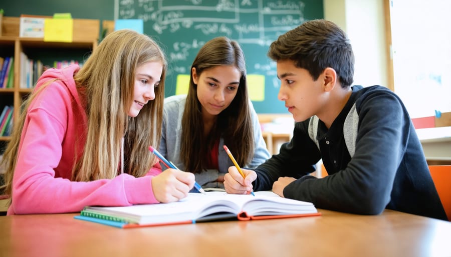 Three middle-school students at a classroom table collaborate with defined roles—one leads discussion, another writes in a notebook, and a third checks a timer—while other groups and a teacher are softly blurred in the background.
