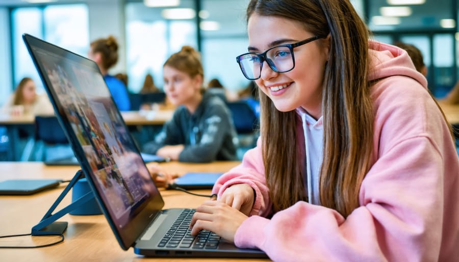 Group of diverse students collaborating around an interactive touchscreen display