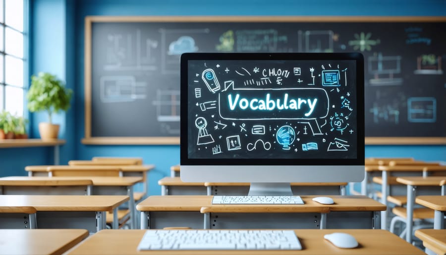Modern classroom with students using digital devices and interactive whiteboard