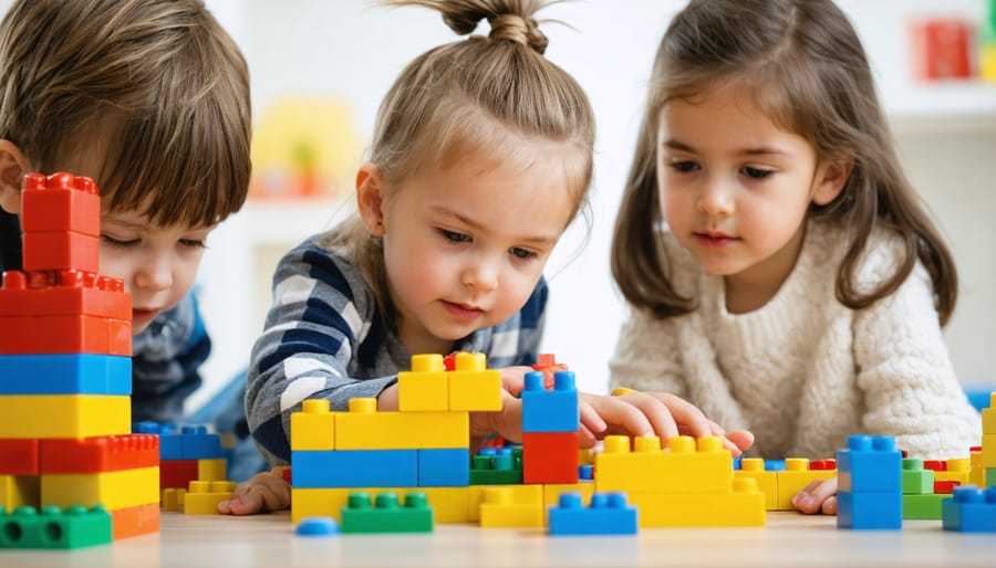 Children playing with educational building blocks in a classroom setting