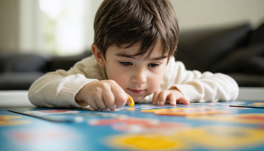 Young child using educational tablet game with concentrated expression