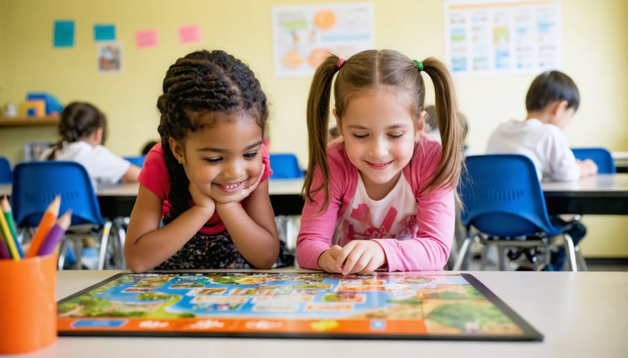 Elementary school children playing an educational board game together in classroom circle