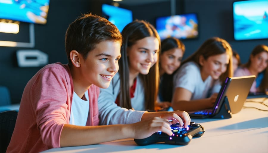 Students enthusiastically participating in educational games on tablets in a bright classroom