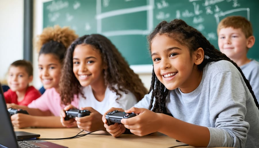 Diverse group of students enthusiastically participating in an interactive classroom game