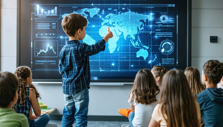 Elementary students actively engaged with educational technology in modern classroom setting