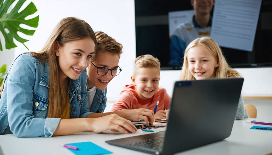 Diverse group of students engaged with tablets and laptops in bright classroom setting