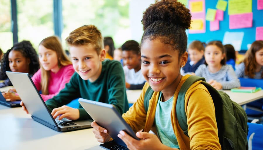 "Diverse group of students actively participating in online learning games using tablets and laptops in a brightly lit classroom setting."