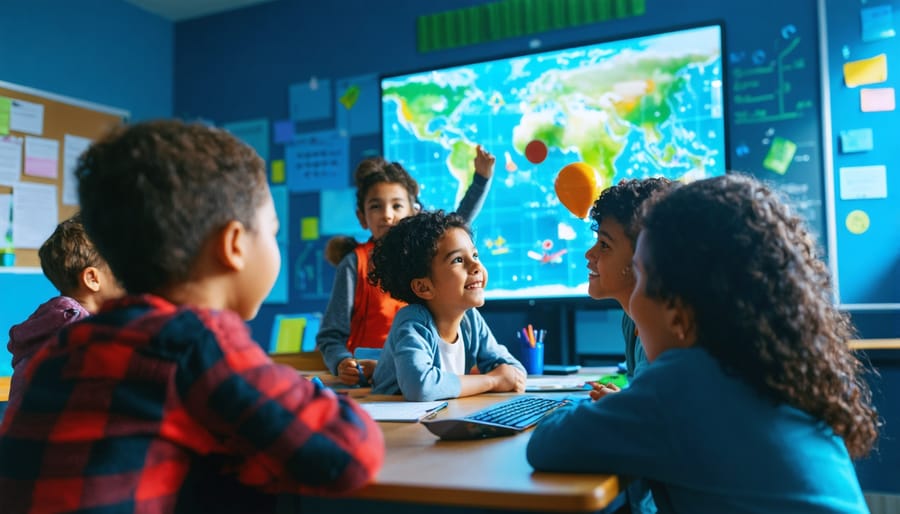 "A group of students eagerly participating with a glowing screen displaying animated educational games in a lively classroom environment."