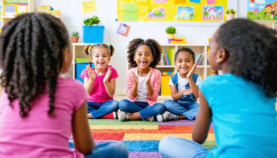 "Diverse group of students sitting in a circle on a colorful rug, actively participating in a vocabulary word game with raised hands and enthusiastic expressions."