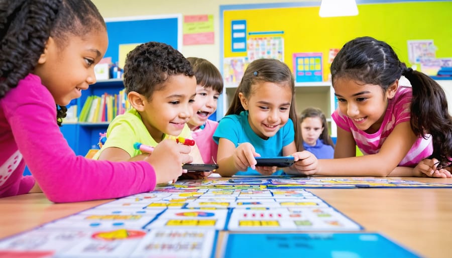 Fourth-grade students actively participating in team-based games, collaborating in small groups around the classroom with a lively and energetic atmosphere.