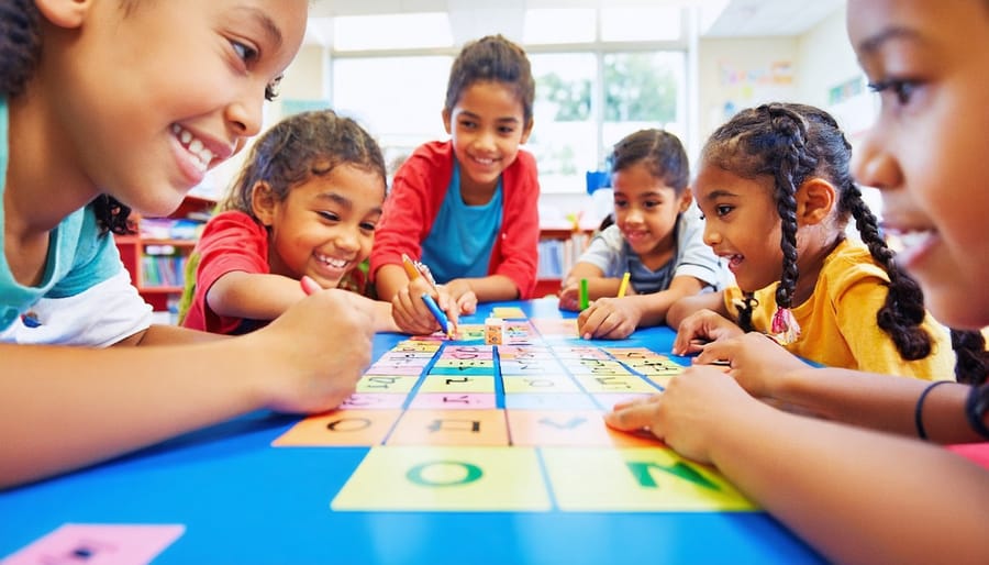 "Diverse group of 6th graders actively participating in a word game in a bright classroom, showcasing dynamic learning."