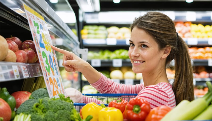 Parent teaching child about numbers while shopping at supermarket