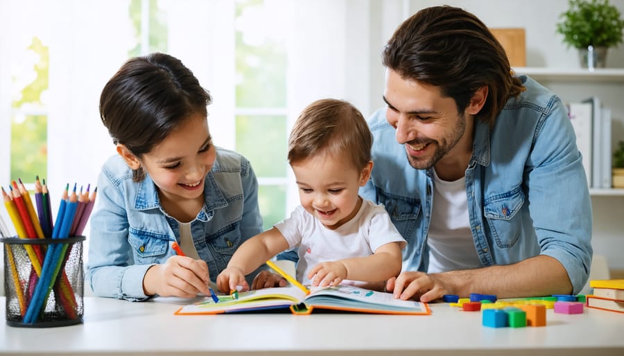 Parent and child sharing a joyful moment while engaging in a learning activity at home, surrounded by colorful educational toys and books.
