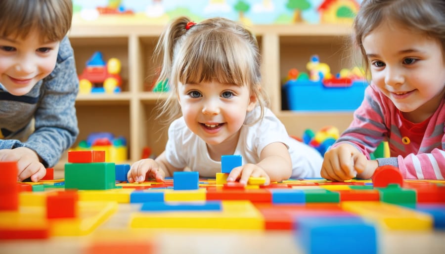 "Five-year-old children engaged in educational games in a colorful classroom setting, with bright playful elements in the background."