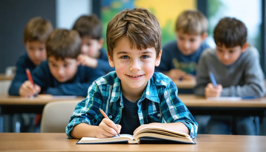 Teacher using interactive game template on tablet with enthusiastic students raising hands