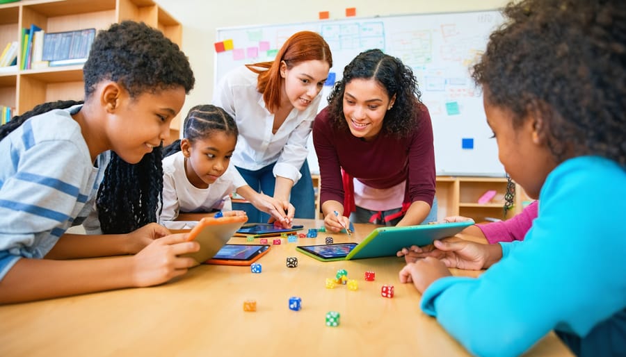 Teacher facilitating a game-based review with diverse students using tablets, dice, and colorful tokens around a classroom table, with a softly lit, blurred classroom in the background.