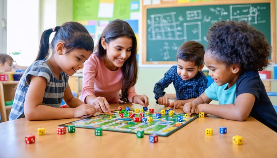 Diverse elementary students play a colorful educational board game at a classroom table as a teacher guides them, with hands and game pieces in sharp focus and a softly blurred classroom background.
