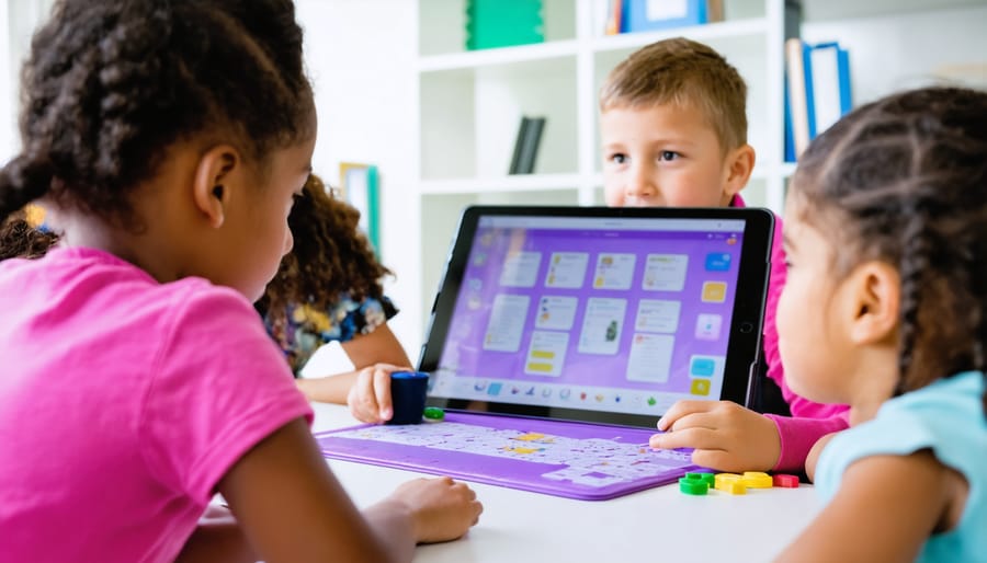 Teacher helping students with digital language learning activities