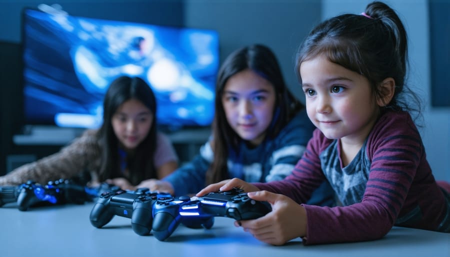 Teacher working with small group of students using PS4 educational content