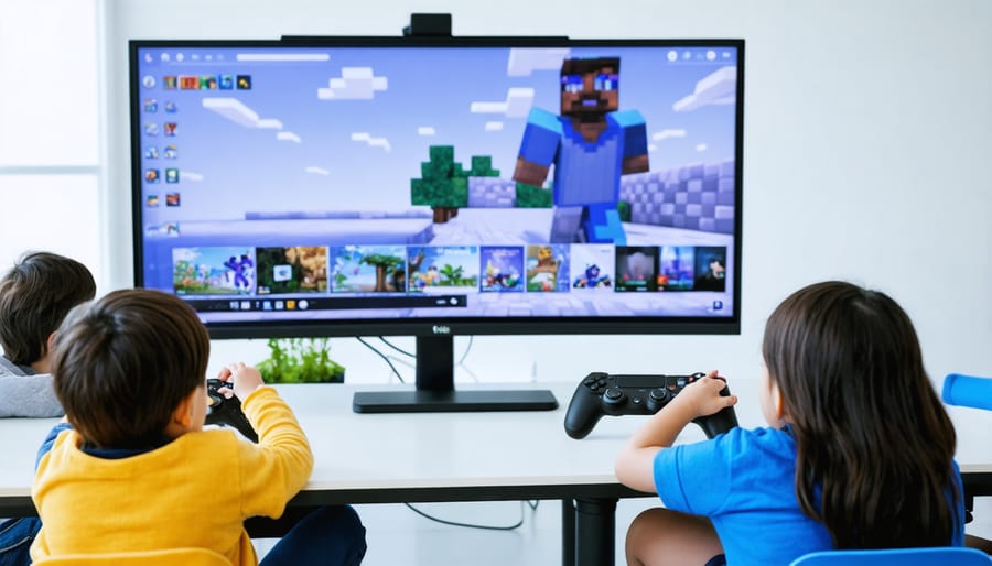 Professor working with students using educational gaming tablets in classroom