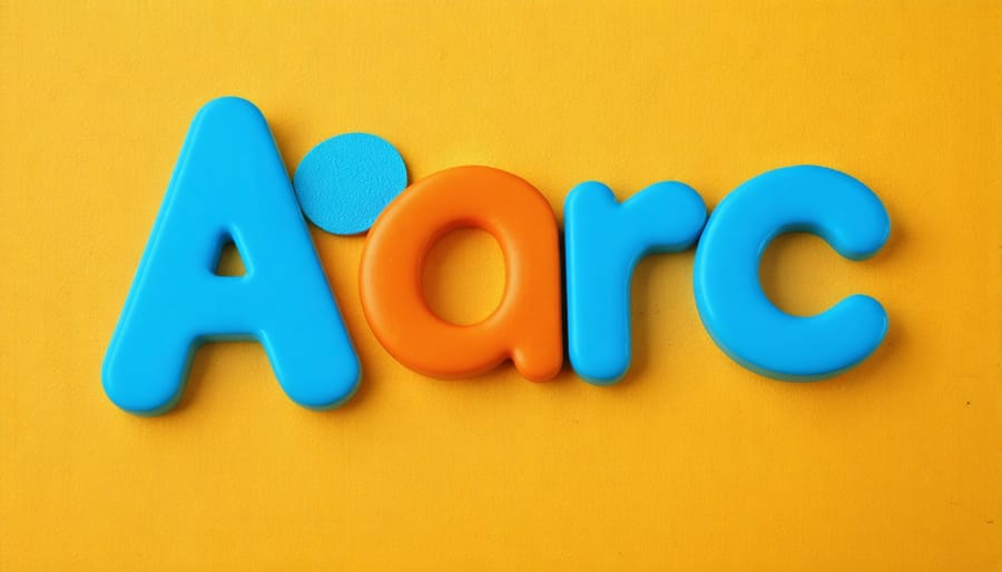 Child's hands arranging colorful alphabet tiles on wooden surface
