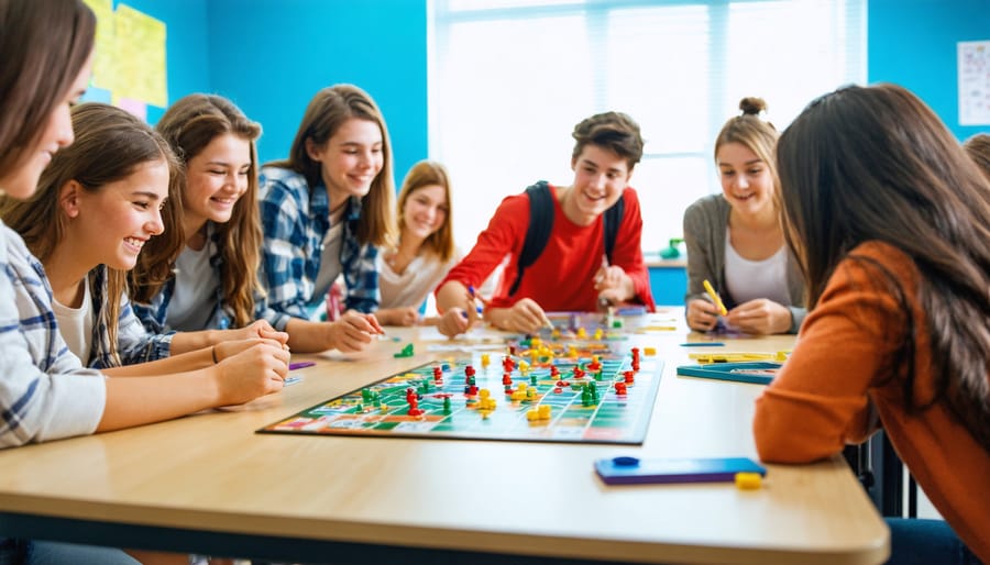 "High school students playing an educational board game in a classroom, with expressions of focus and engagement."