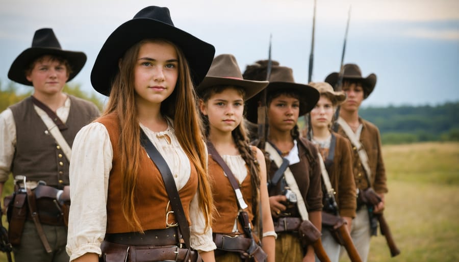 Students dressed in historical costumes engaged in dramatic role-play