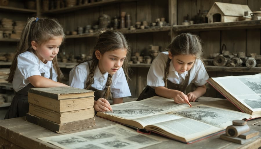Students examining historical artifacts on an antique desk