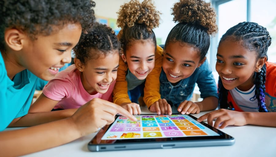 "Students gathered around a tablet, excitedly interacting with e-learning games in a well-lit classroom."