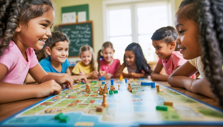 "Students gathered around a table in a classroom playing a history board game with natural daylight streaming in."