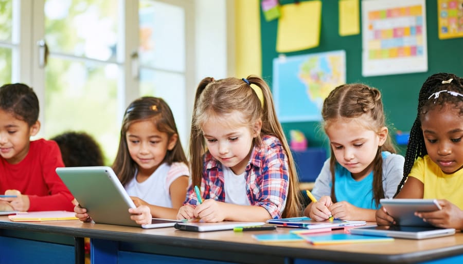 "Students using tablets in a classroom setting, engaged in online language learning games with bright natural lighting."