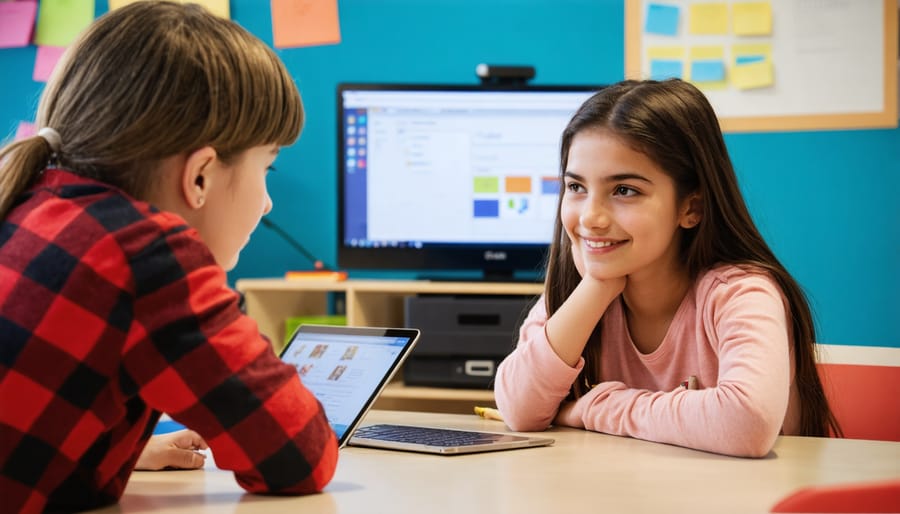 Diverse group of students enthusiastically engaging with language learning technology in classroom