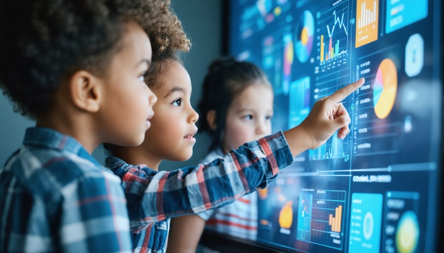 Group of diverse preschool children using interactive touchscreen for learning activities